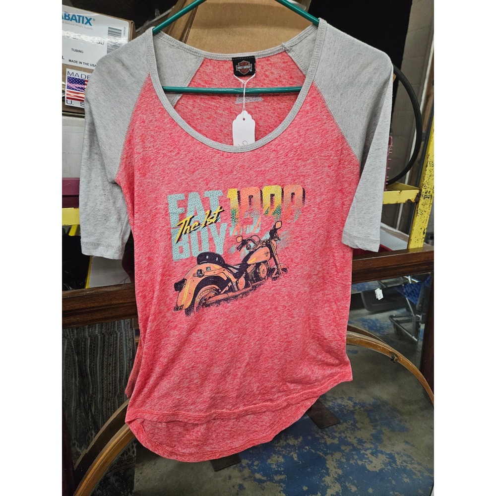 Kegel Harley-Davidson Womens Fat Boy '90 Graphic Shirt Red Grey Small 3/4 sleeve